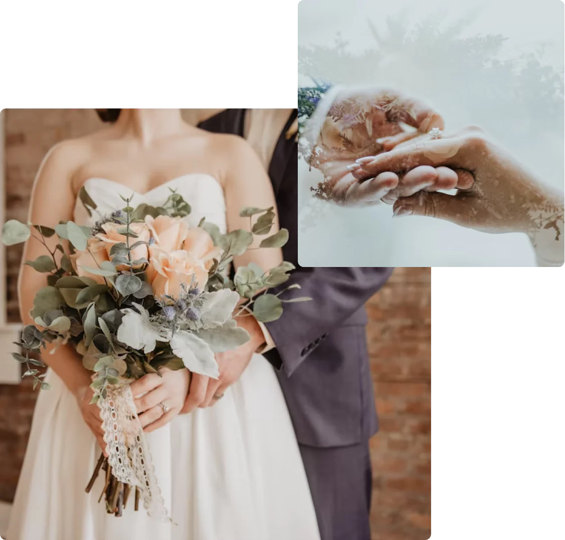 Collage of wedding ceremony photos with bride and groom